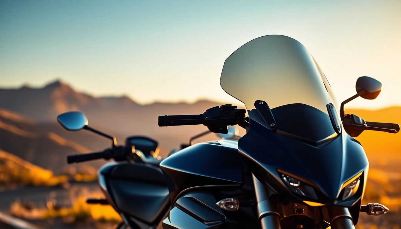 Showcasing high-quality motorcycle windscreens on a sleek motorcycle against a scenic backdrop.
