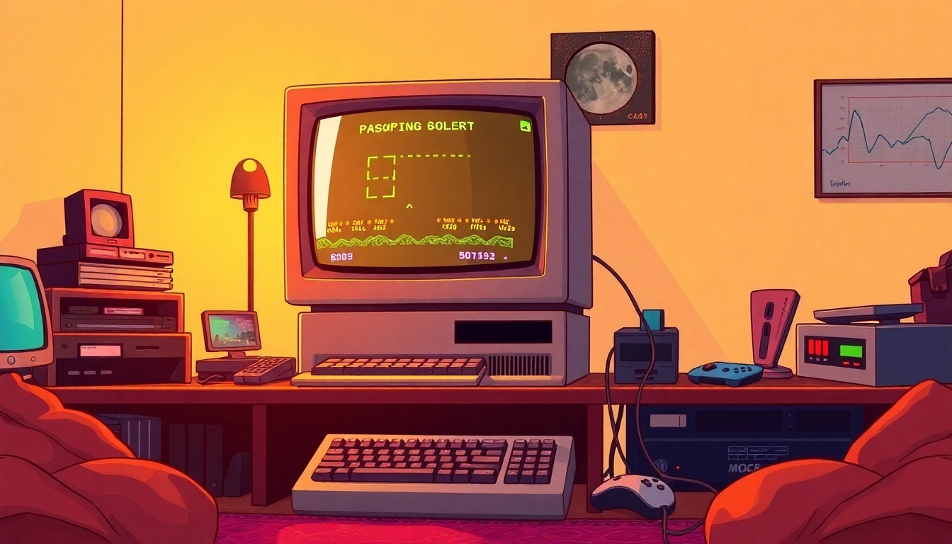 Explore dos games download on a vintage computer with colorful accessories and warm lighting.