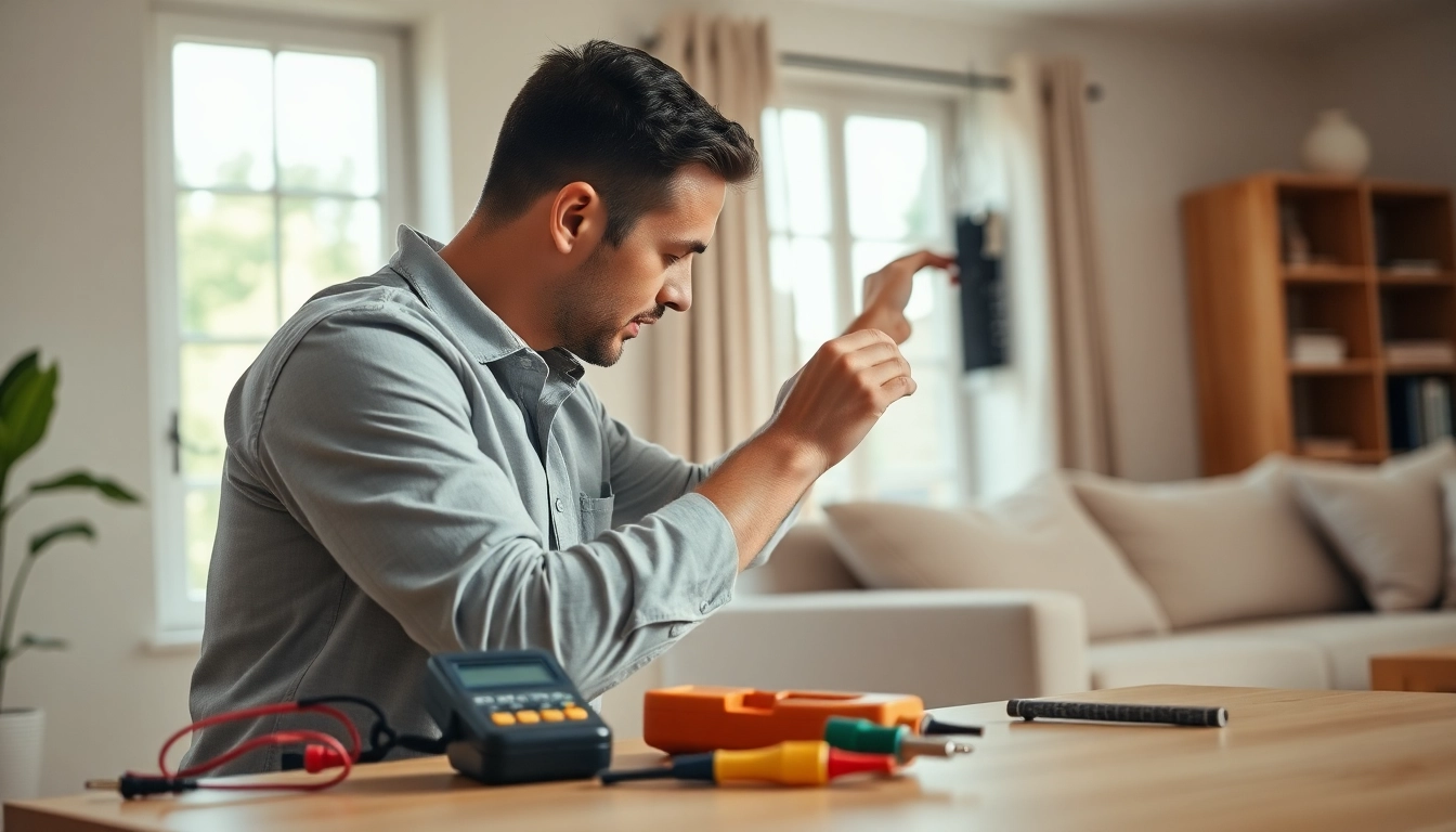 Electrician providing Electrical Service by adjusting a circuit breaker in a home.