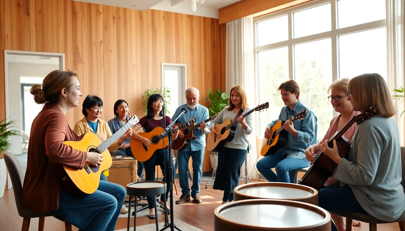 Music therapy session showcasing the vibrant environment and therapeutic interactions in a professional setting.