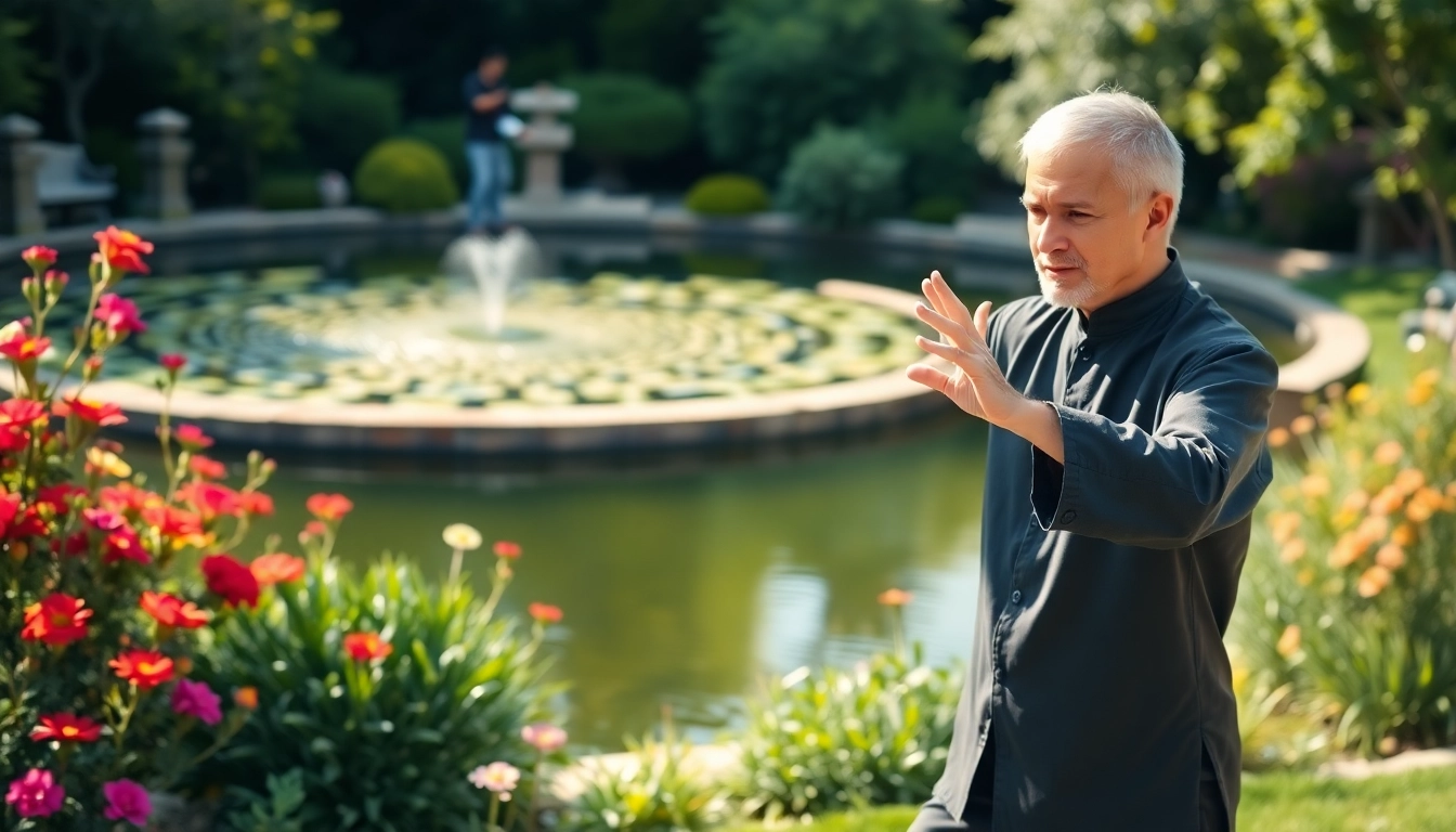 Join Tai Chi Classes Online with an expert instructor demonstrating graceful movements in a serene garden.