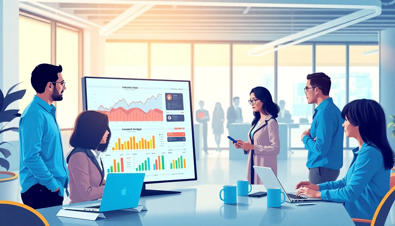 Analyze competitor strategies with AI for competitive intelligence in a modern office.