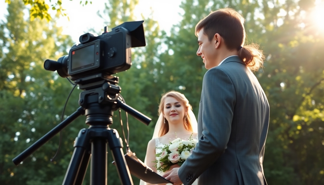 Engaging scene of an edmonton videographer filming a wedding ceremony outdoors.