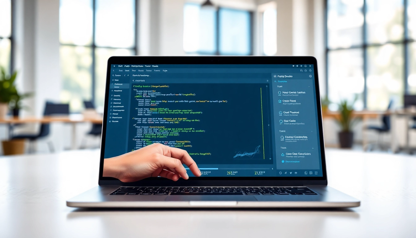 Evaluate text using the ai detector on a sleek laptop in a modern office setting.
