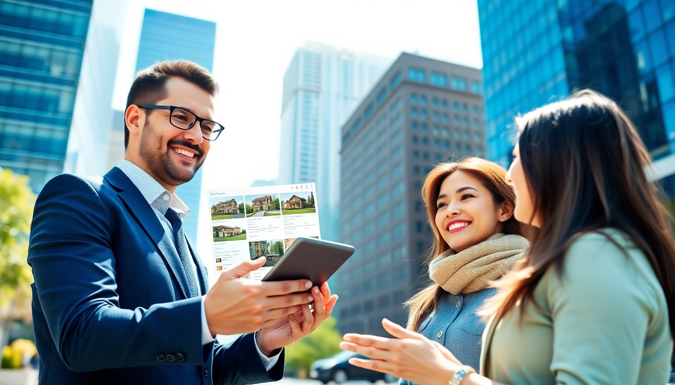 Couple consulting real estate agent while looking to buy a property in an urban setting.