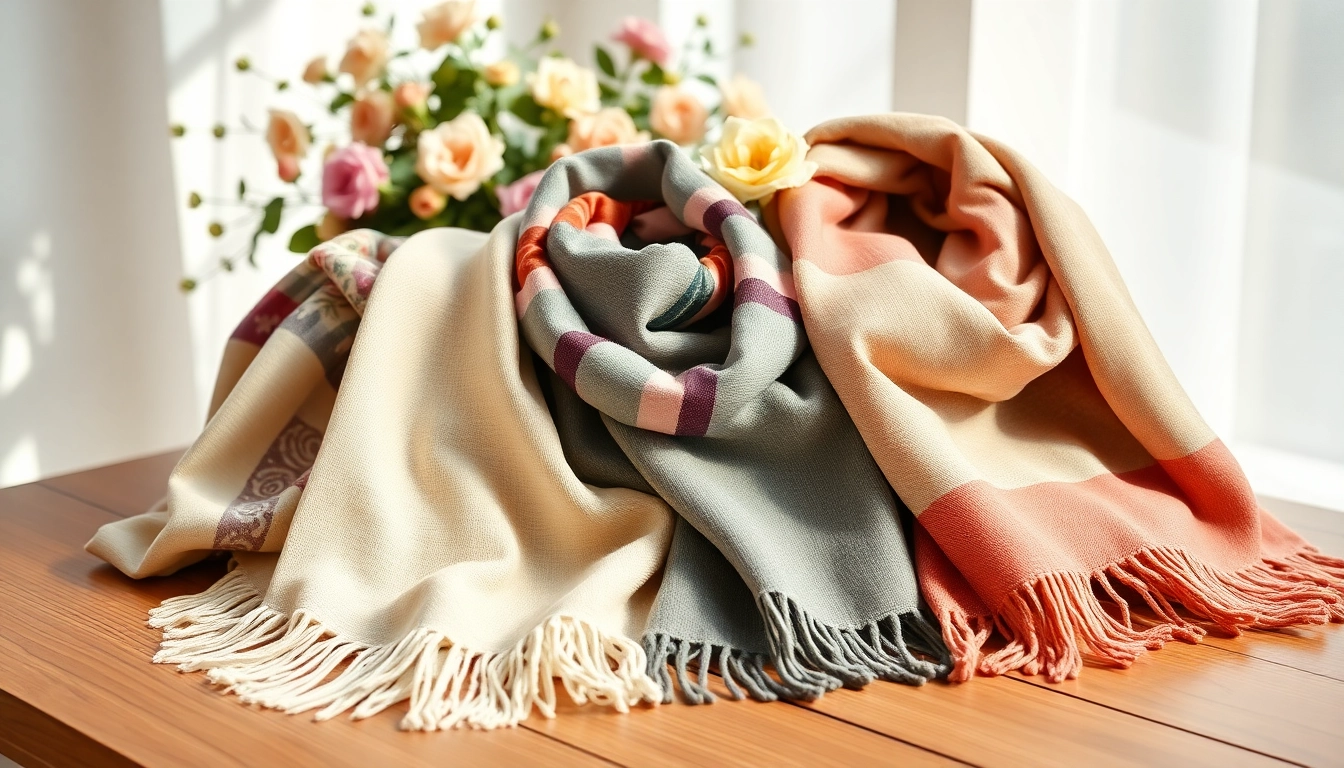 Stylish scarves for women in vibrant colors and textures on a table.