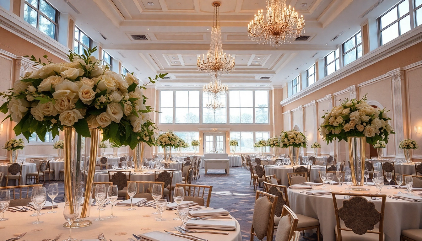 Experience the elegance of le prestige hall with beautifully arranged tables and ambient lighting.
