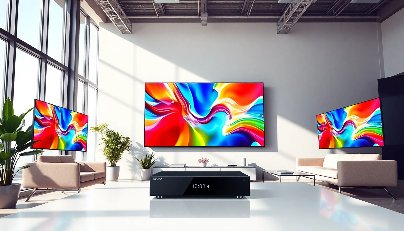 Showcase of an Android digital signage player in a modern office highlighting vibrant content and sleek design.