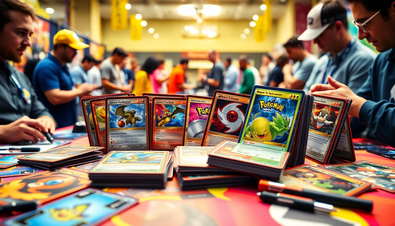 Collectors examine real Pokemon cards at a gaming convention, highlighting vibrant colors and excitement.