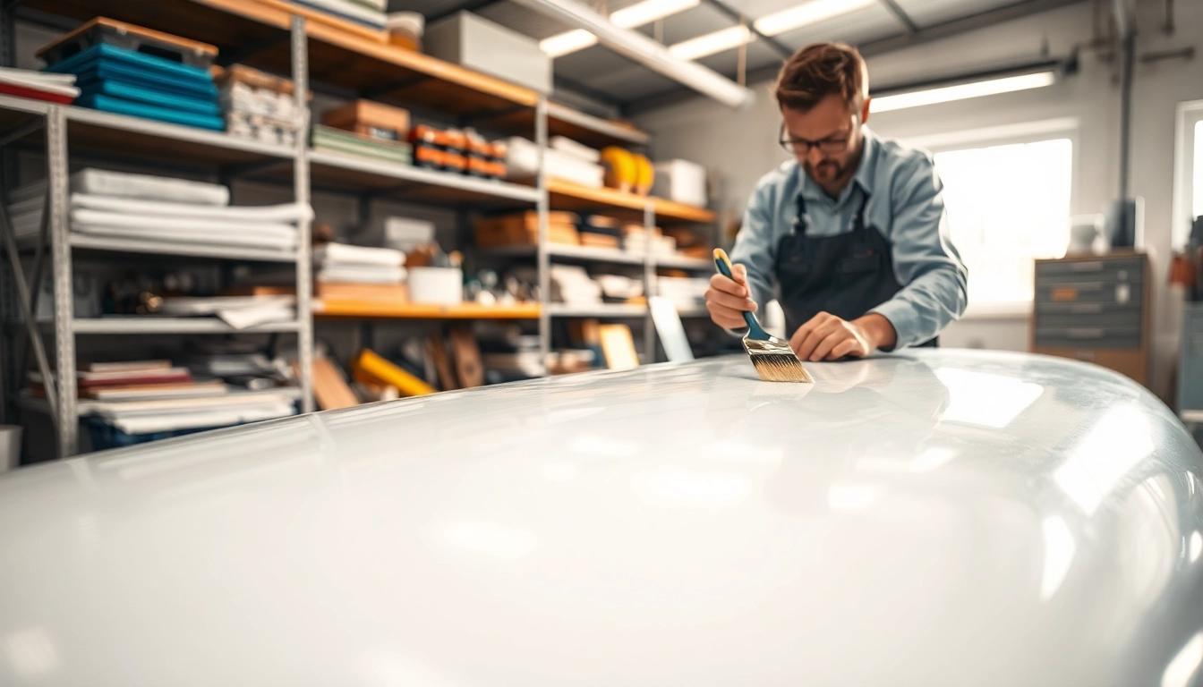 Laminating resin application by a craftsman in a workshop, highlighting precision and technique.