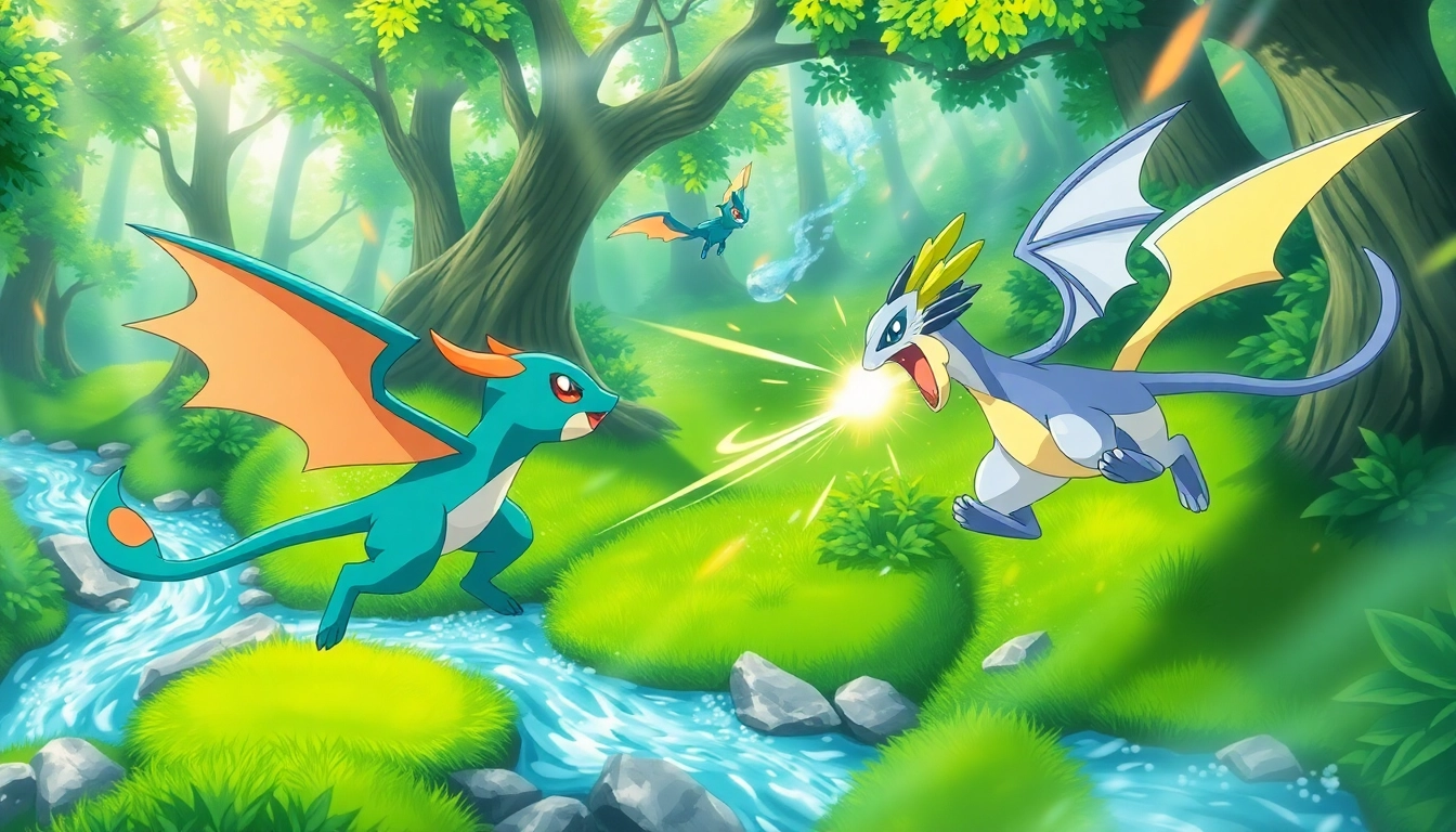Dynamic battle between Pokémon in a vibrant forest setting, showcasing action and excitement.