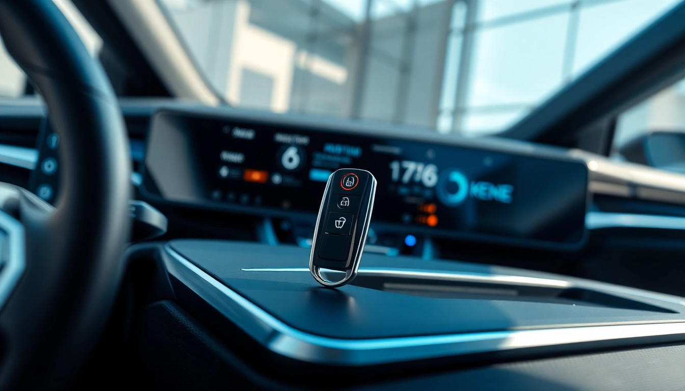 Showcasing keys for electric cars on a modern vehicle dashboard with futuristic elements.