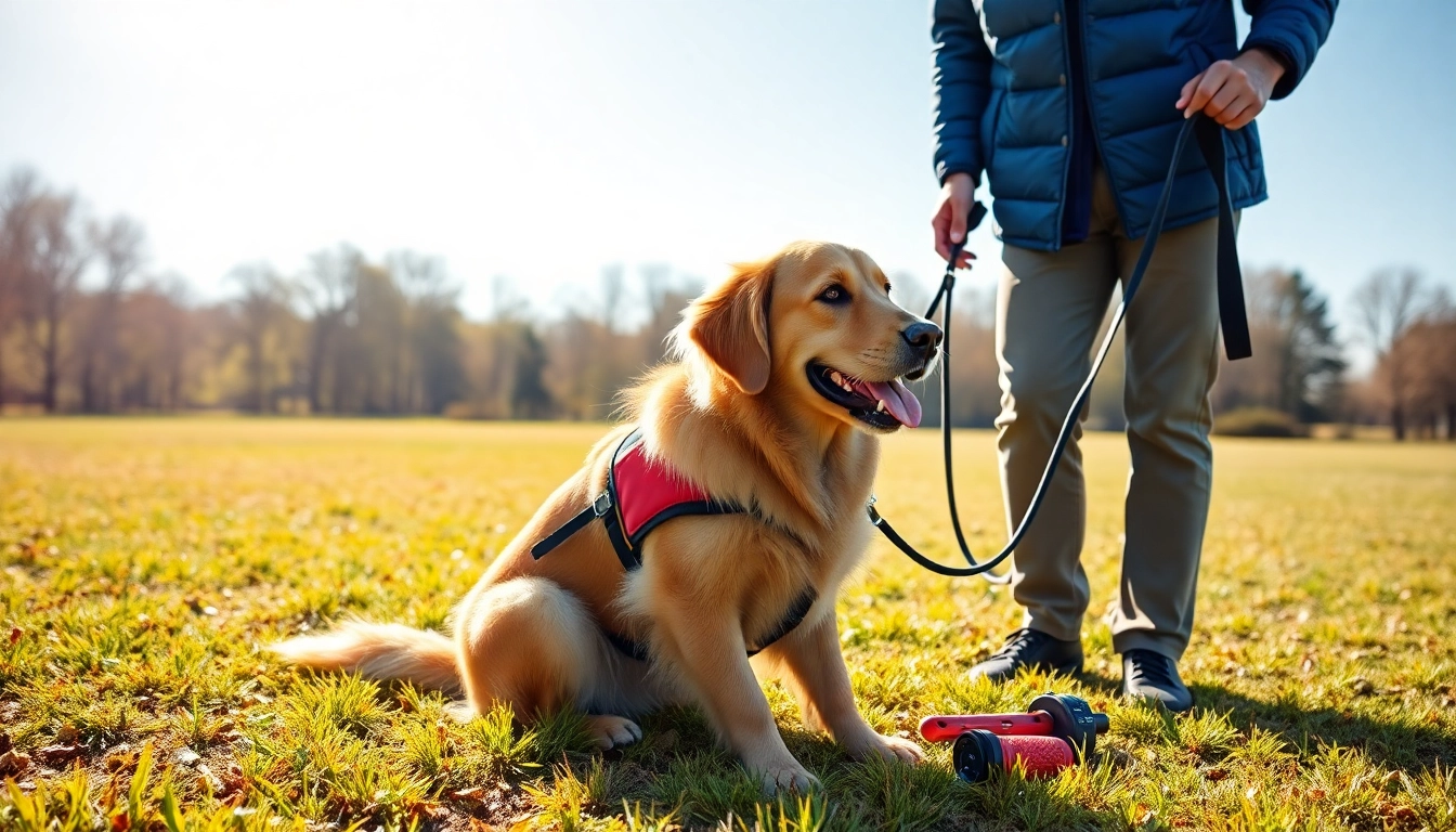 Trained service dog for sale in an outdoor setting with a friendly trainer.