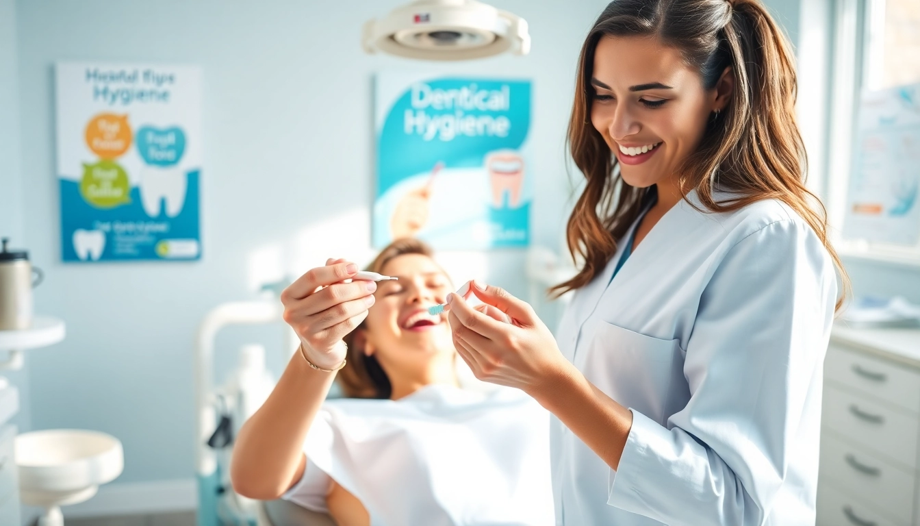 Highlighting hygiene practices, a dental hygienist demonstrates effective oral care in a bright office.