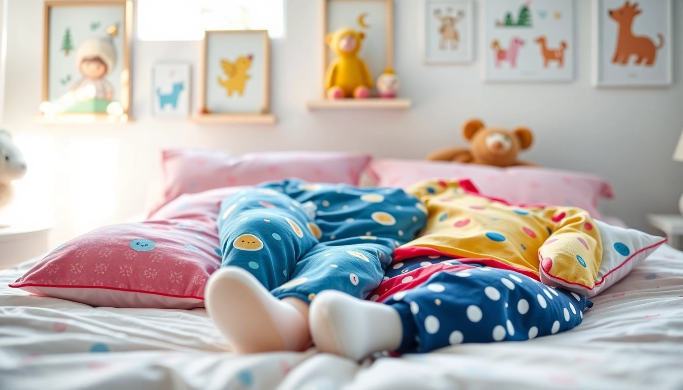 Shop comfy Kids pajamas with playful designs on a cozy bed setting.