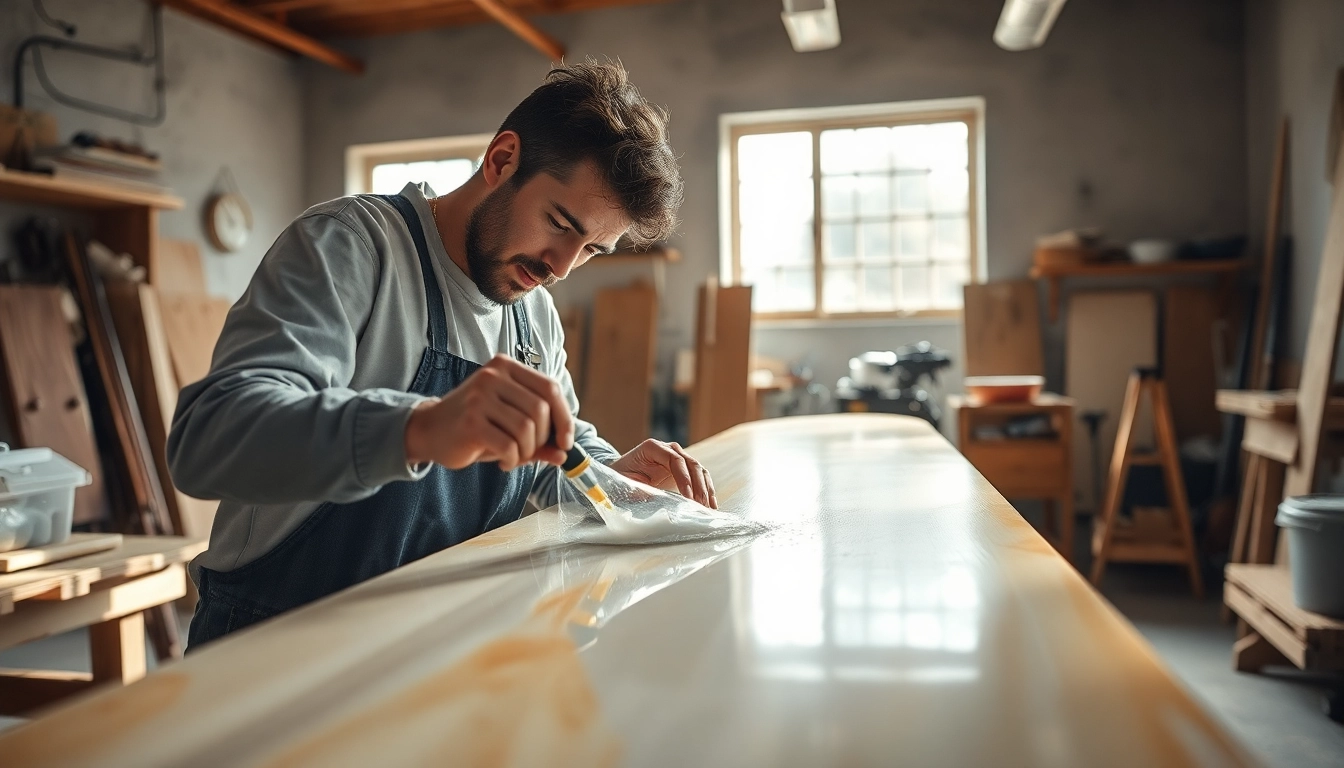 Applying laminating resin on fiberglass sheets with professional precision in a bright workshop.
