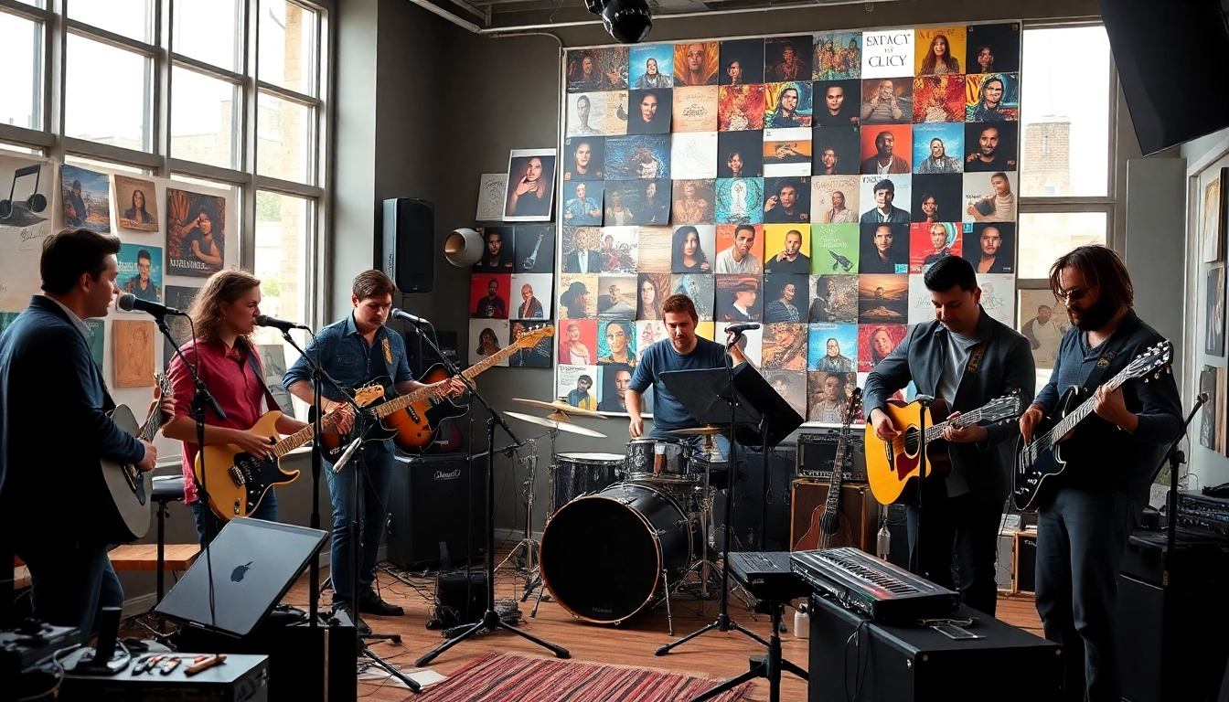 Engaging musicians collaborating on music production, promoting their Spotify presence.