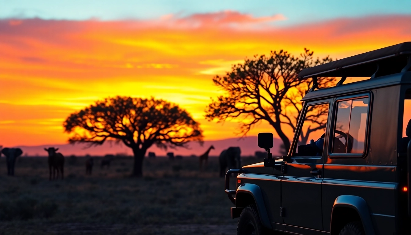 Experience breathtaking Luxury Tanzania Safari Tours with wildlife in vibrant sunset.