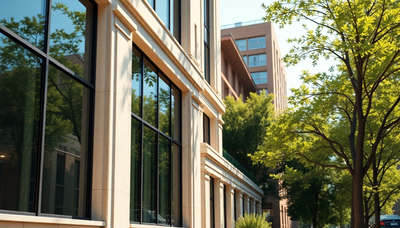 Architekturvisualisierung eines modernen Gebäudes mit detaillierter Fassade und lebendiger Umgebung.
