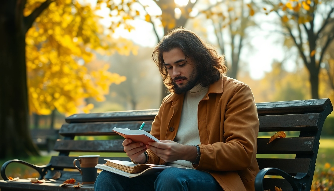 Individual reflecting on a relationship breakup while journaling in a tranquil park setting.