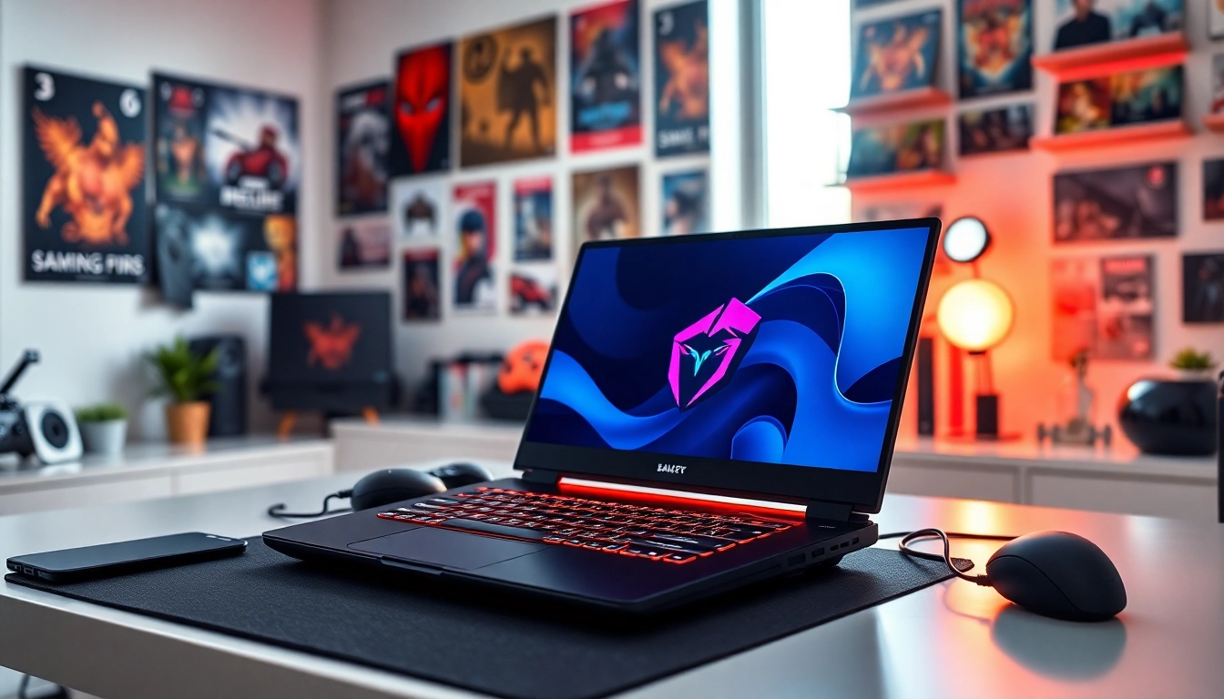 Jelajahi game online dengan laptop gaming modern dan aksesori penuh warna.