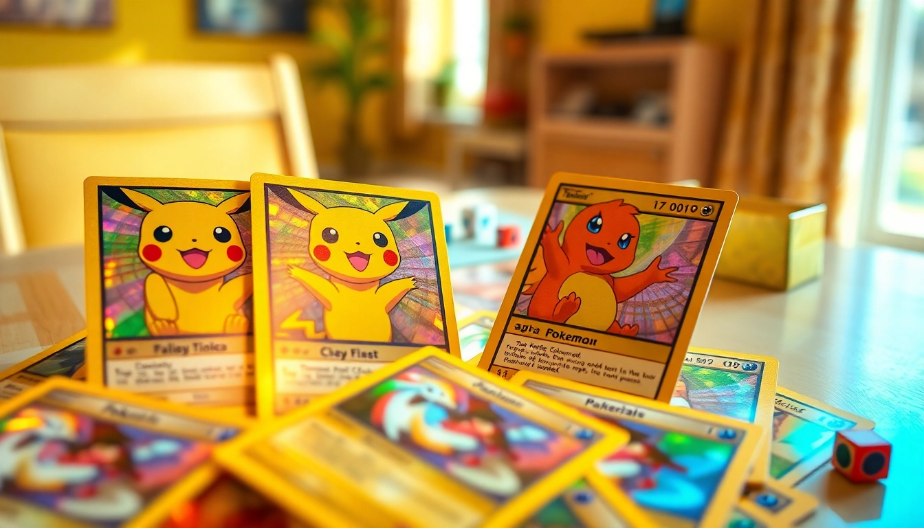 Showcase real Pokémon cards with vibrant colors and holographic details, highlighting collectible nature.