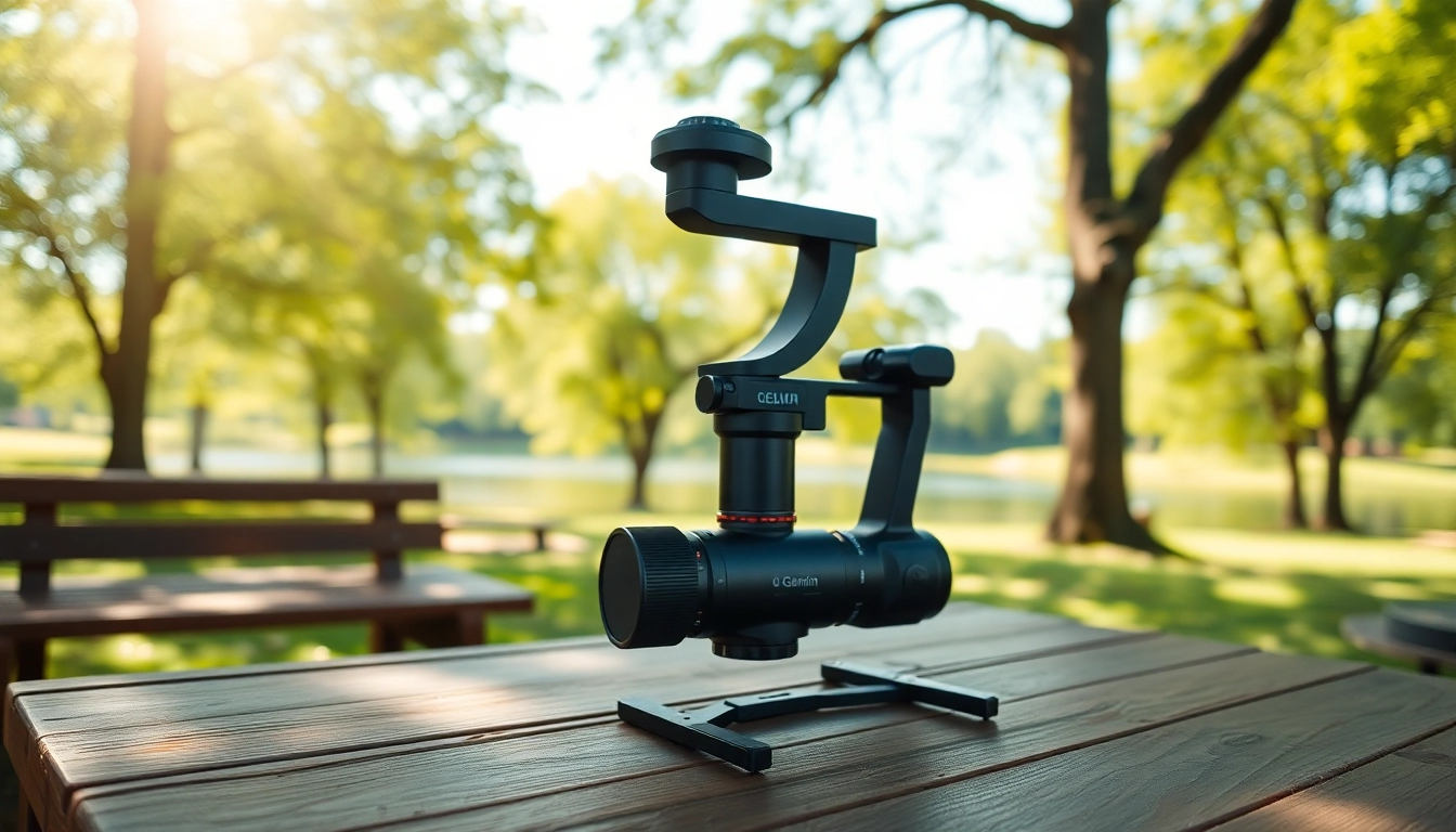 Showcasing a gimbal stabilizer​ on a picnic table surrounded by nature