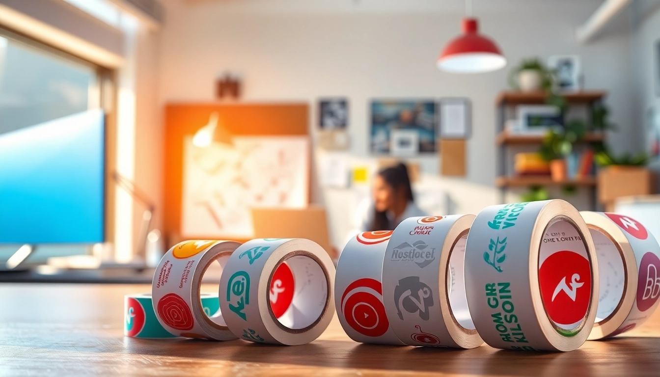 Showcase custom tape designs with vibrant branding in a professional workspace setting.