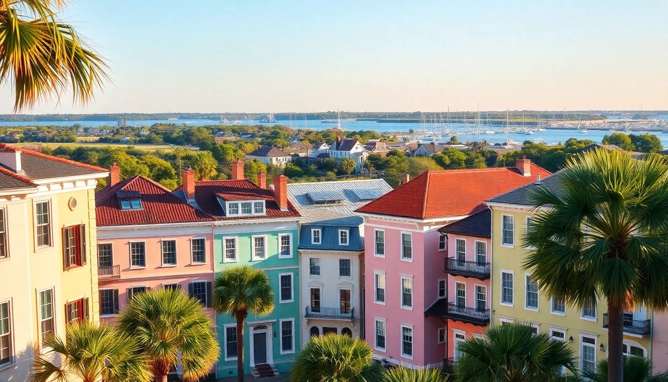 Strolling past vibrant buildings in Charleston SC. depicting its rich architectural heritage and southern charm.