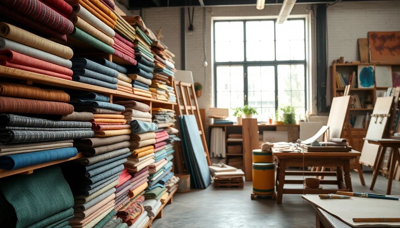 Canvas stoffen gepresenteerd in een levendige werkplaats, met een sfeer van creativiteit.