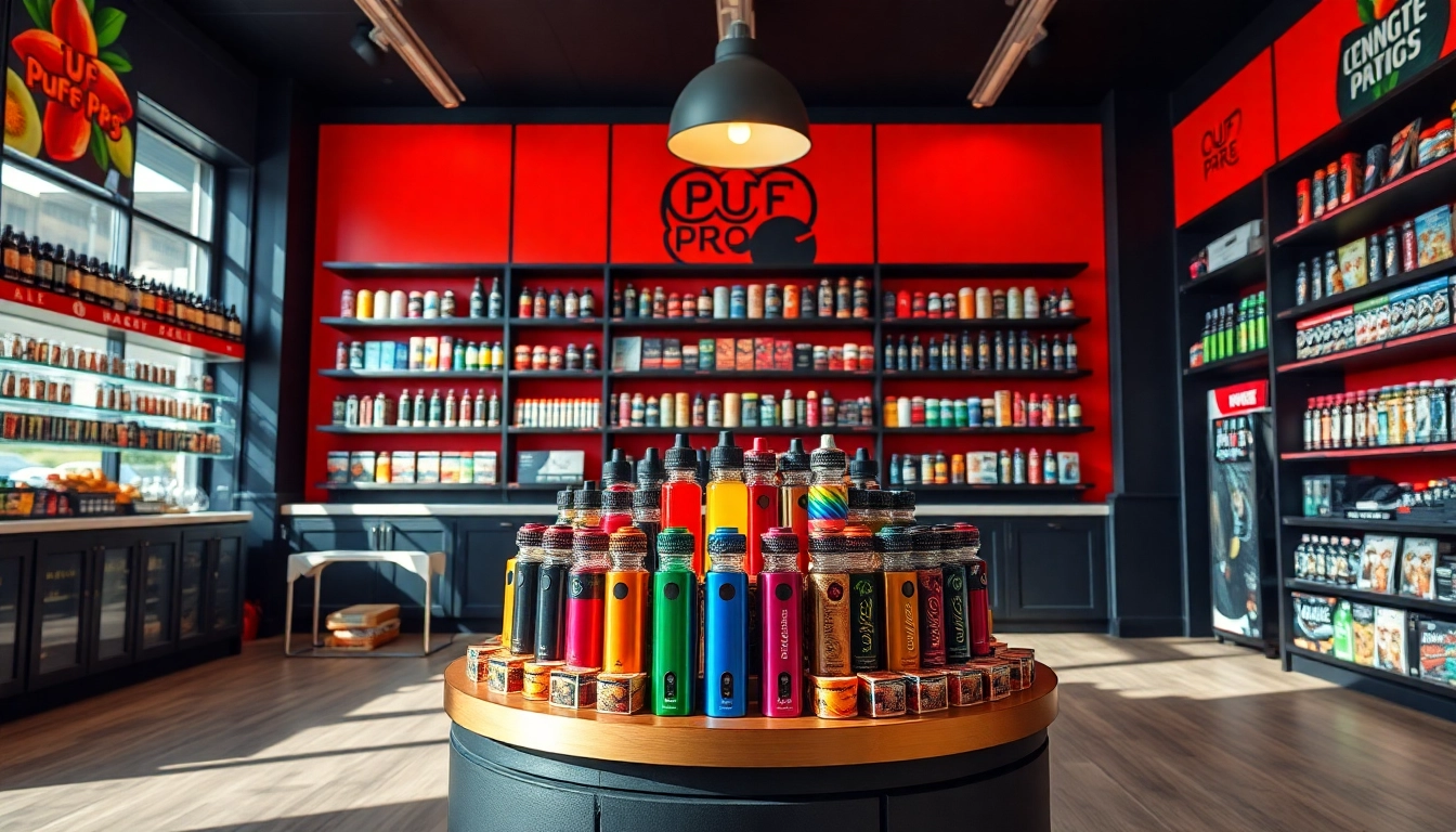 Engaging display at a puff pro vape shop showcasing a variety of vape products and accessories.