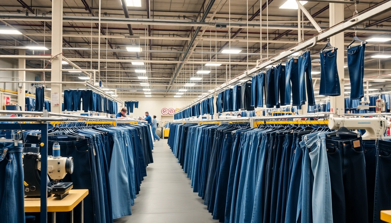 Showcase of wholesale jeans manufacturers creating stylish denim in a vibrant industrial setting.
