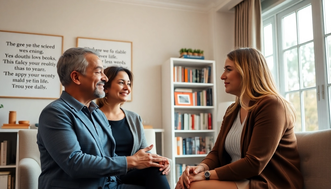 Engaging moment with relationship coach guiding a couple in a professional setting.