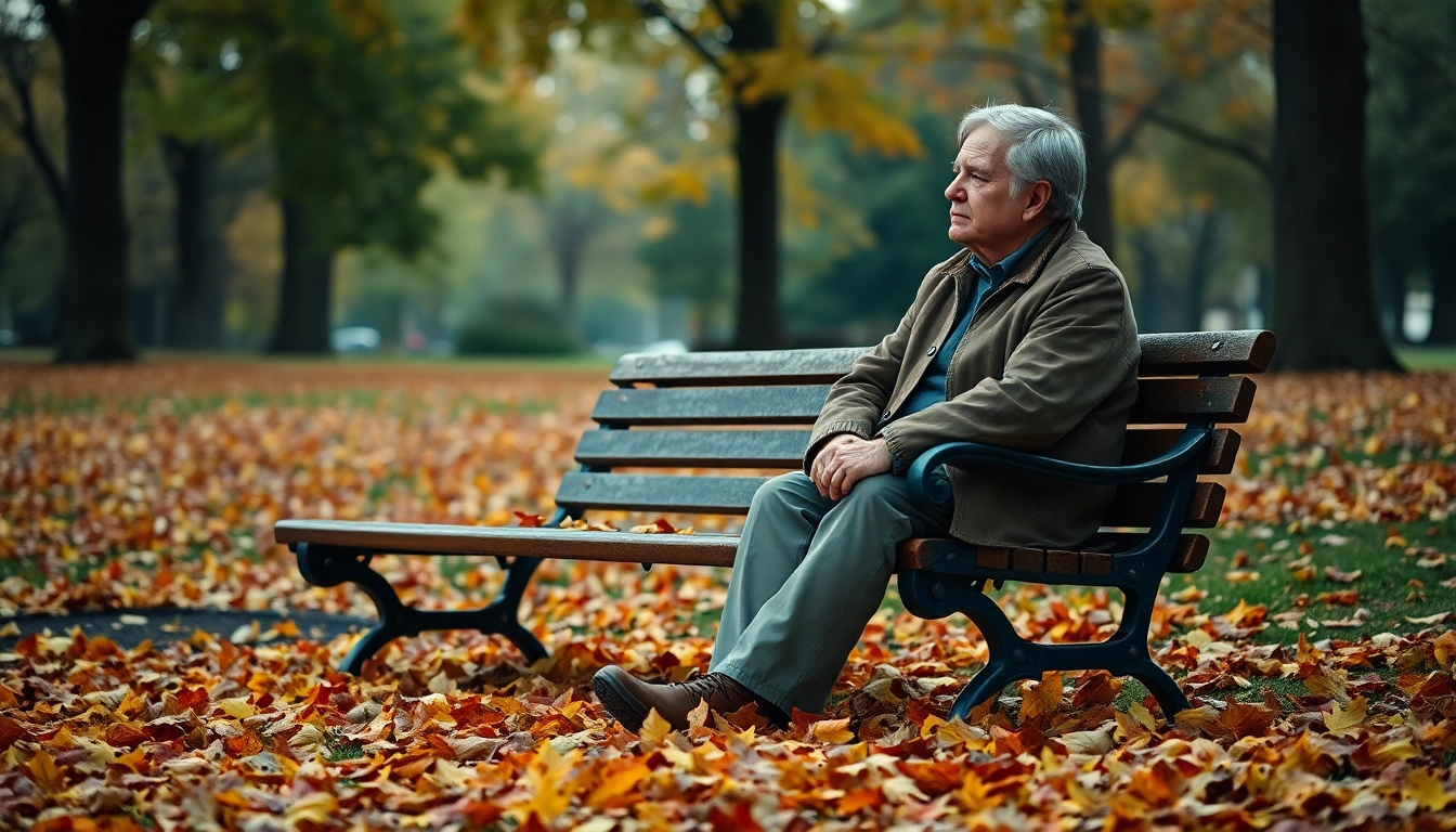 Reflective person dealing with grief sits alone on a park bench surrounded by autumn leaves.