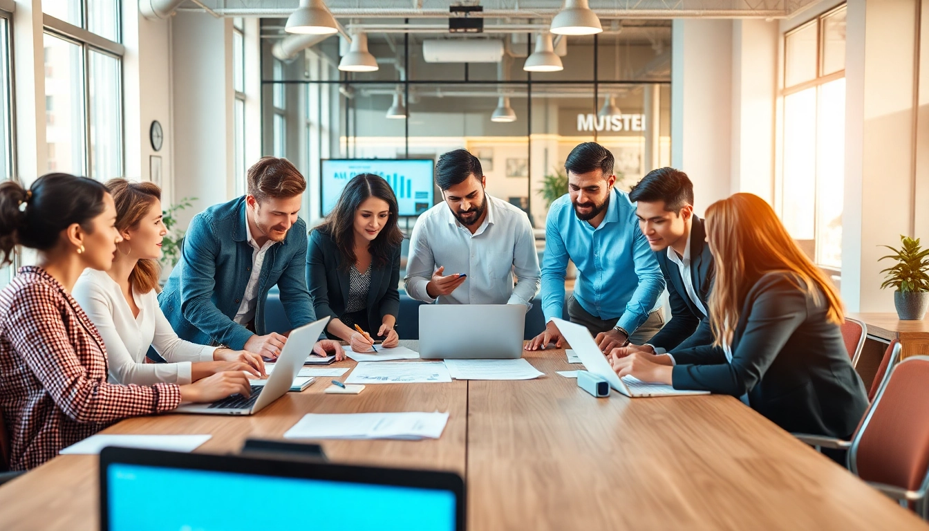 Leverage teamwork in a modern office with diverse individuals collaborating effectively.