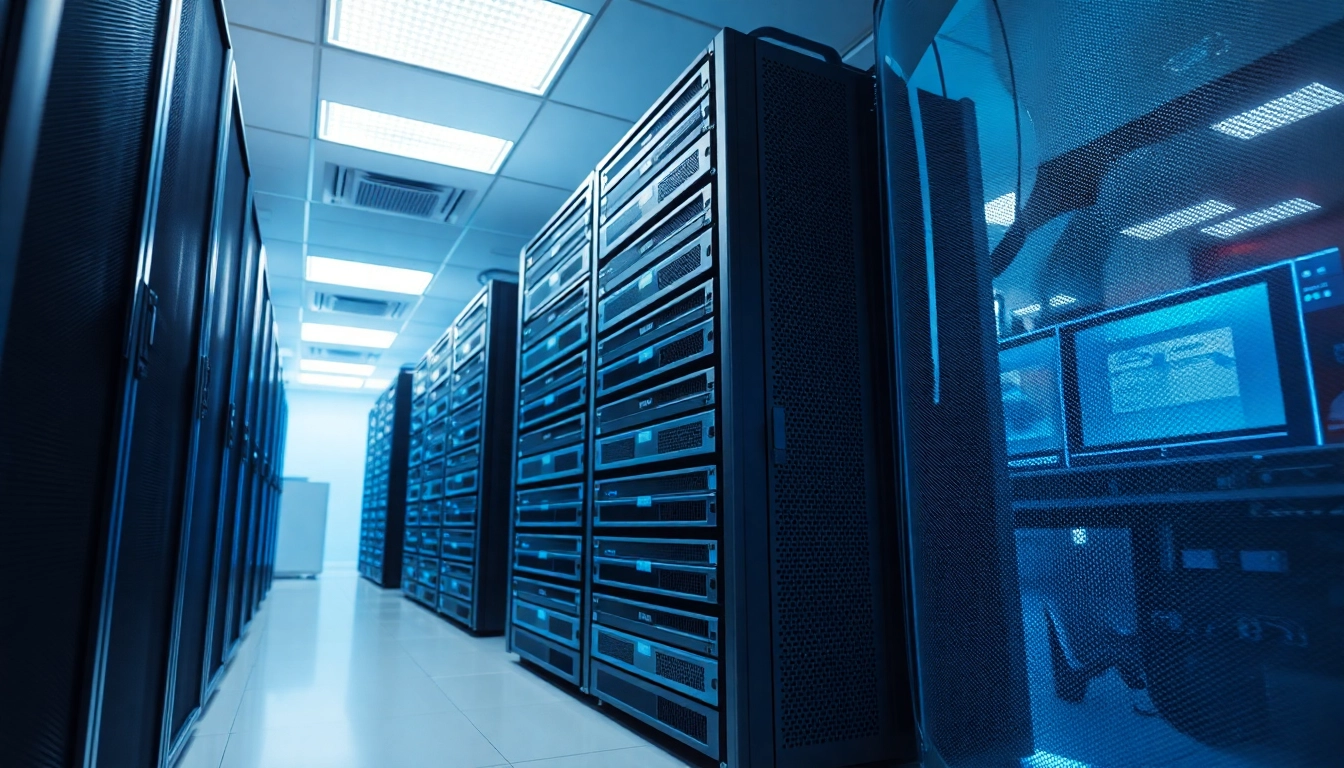 Server kaufen in einem modernen Büro mit elegantem Server-Rack und LED-Beleuchtung.