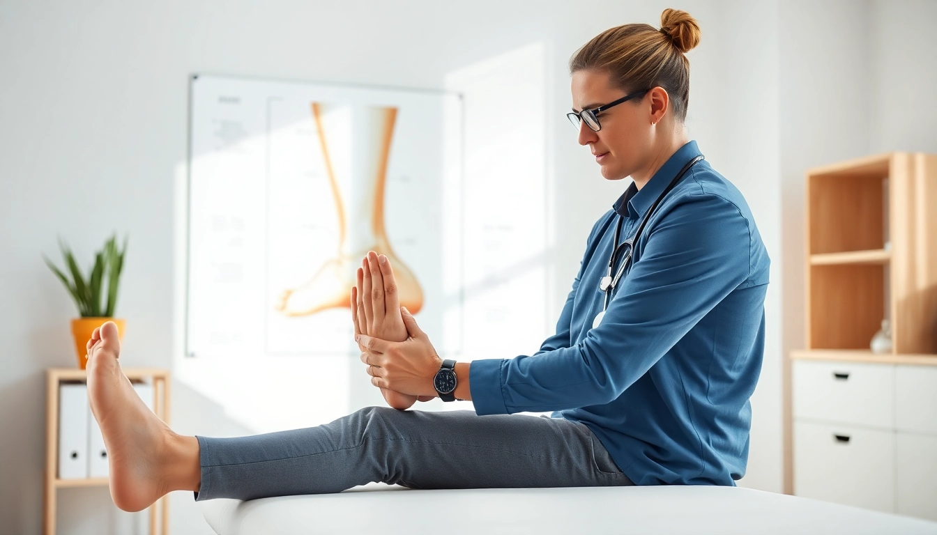 Physiotherapist demonstrating treatment for Ankle sprain physio in a professional clinic.