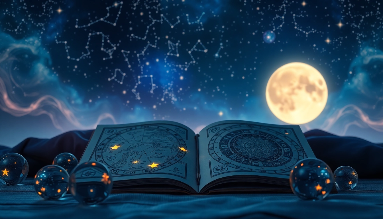 Personalisierte Horoskope mit einem offenen Buch und leuchtenden Sternen im Hintergrund.