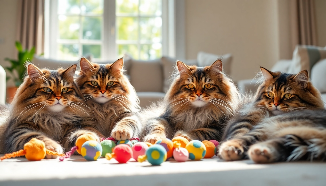 Maine Coon cats for sale Sacramento playfully exploring a sunny living room with colorful toys.