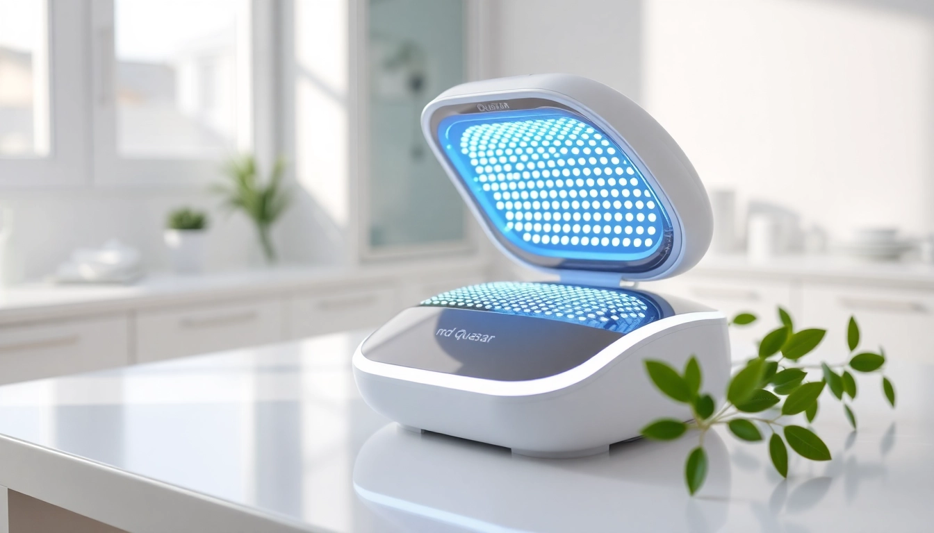 Showcase the md quasar LED device enhancing skin care in a serene environment.