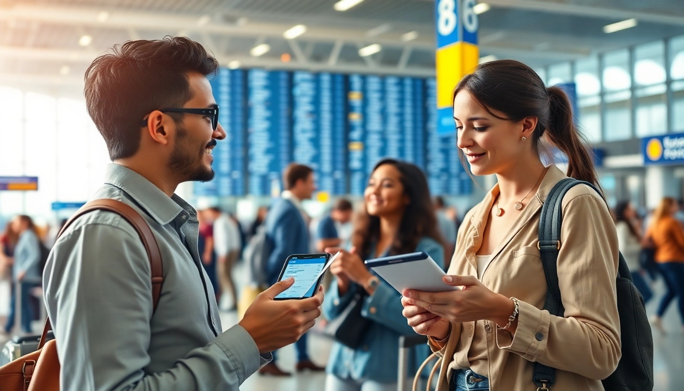 Exploring air tickets options at a busy airport with travelers planning their journeys.