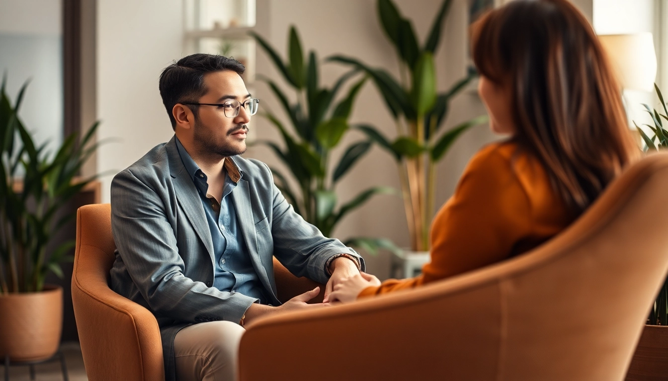 Psychiatrist engaging with a patient in a calming office environment.