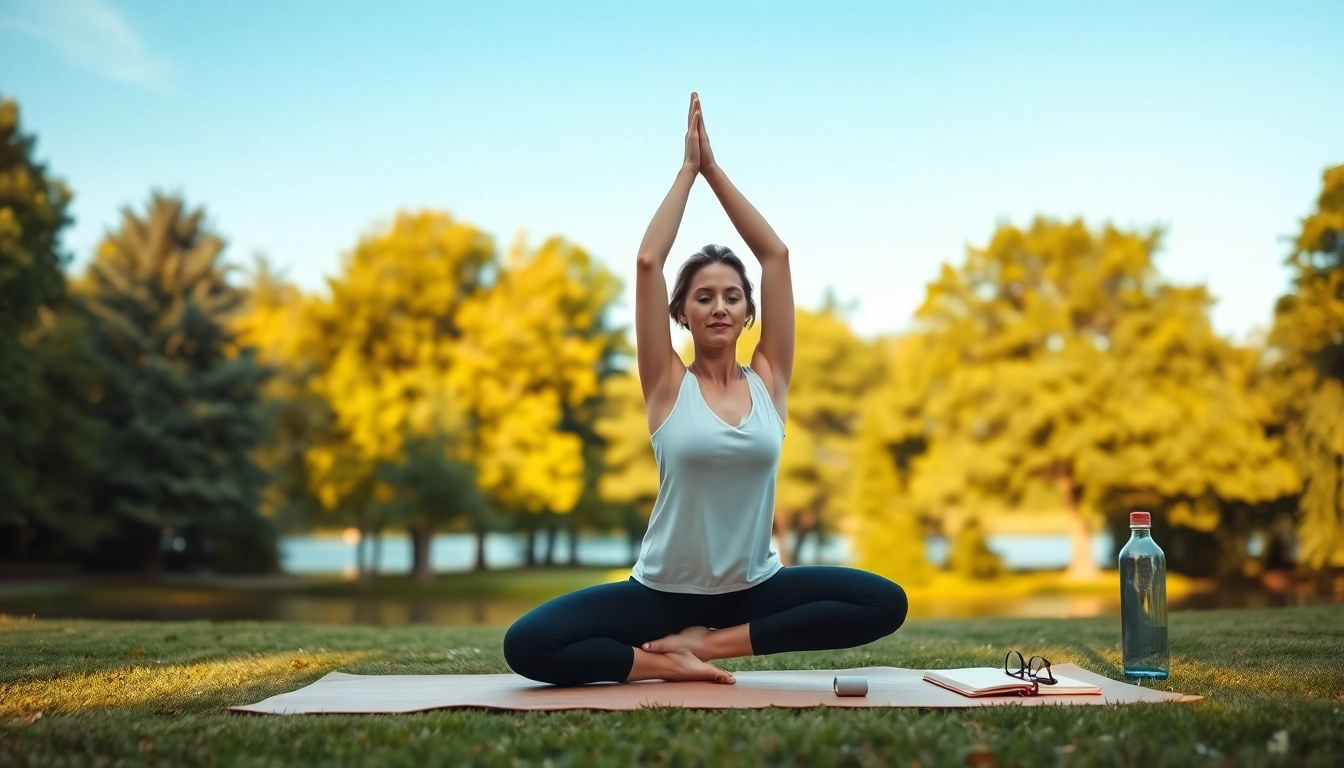 Practicing yoga outdoors helps in dealing with anxiety through tranquility and focus.