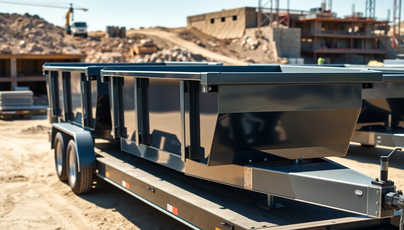 Browse various dumpster trailers for sale in an industrial setting, showcasing heavy-duty designs.