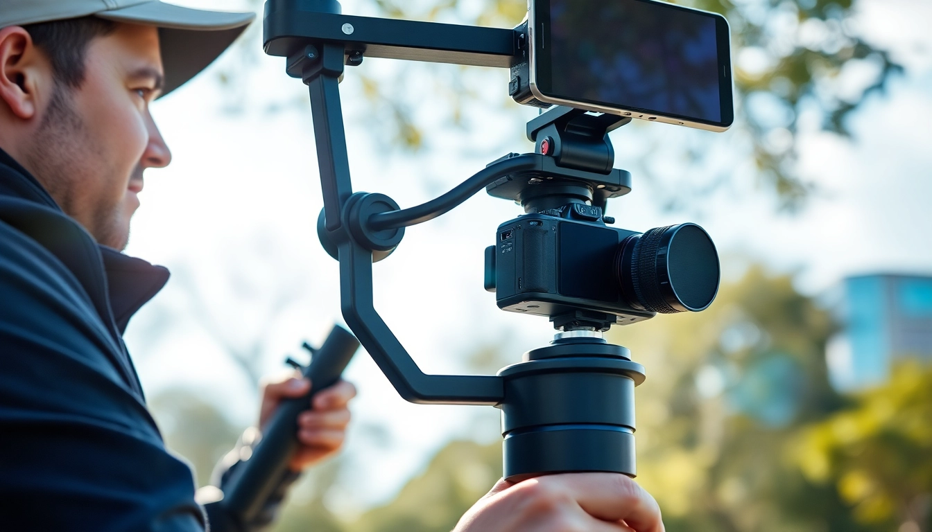 Filmmaker using a gimbal stabilizer​ for smooth video footage outdoors