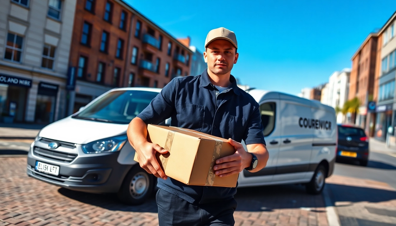 Shropshire courier handling a package confidently in an urban setting, showcasing reliable delivery service.