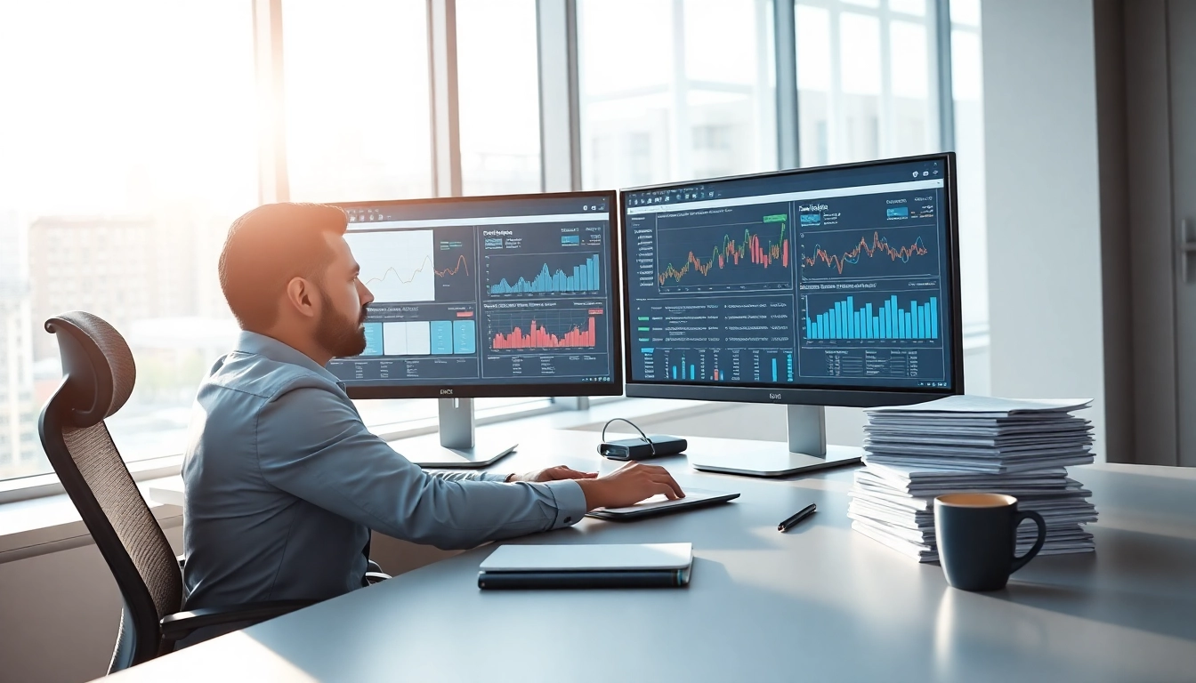 Analyst reviewing cross-system data matching on dual-screen monitors in a modern office.