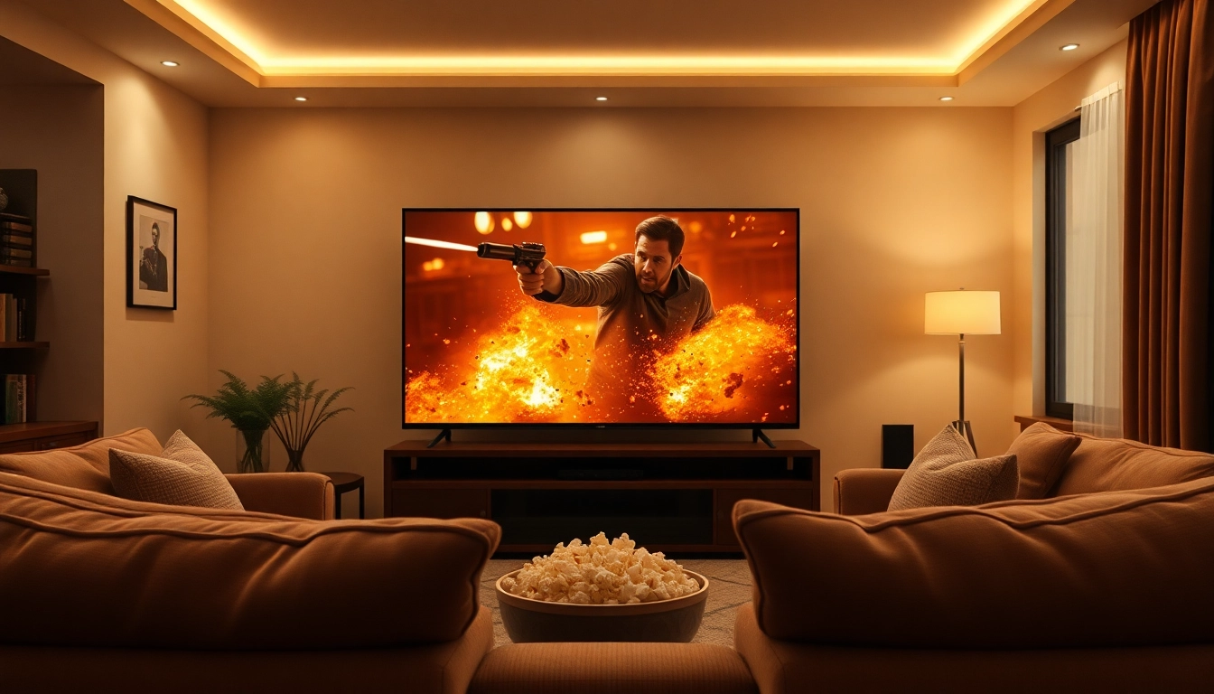 ดูหนังออนไลน์ฟรี24ชั่วโมง ในห้องนั่งเล่นอบอุ่น ที่มีทีวีขนาดใหญ่แสดงฉากภาพยนตร์ที่น่าตื่นเต้น