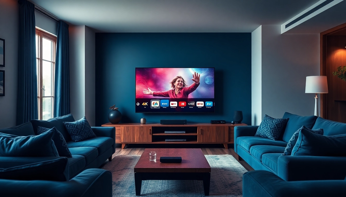 Aperçu de l'abonnement iptv dans un salon moderne avec une TV 4K.