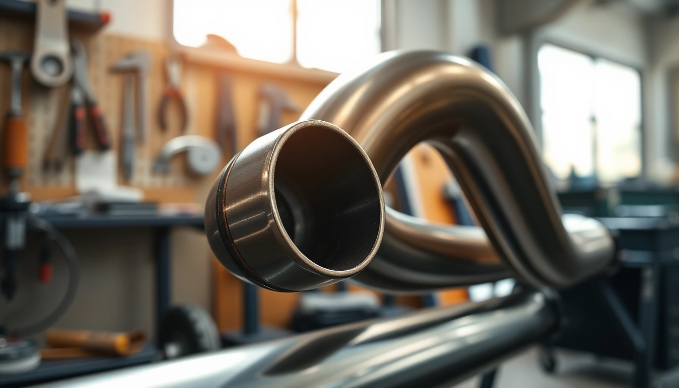 Close-up view of a midpipe showcasing its metallic finish and design features.